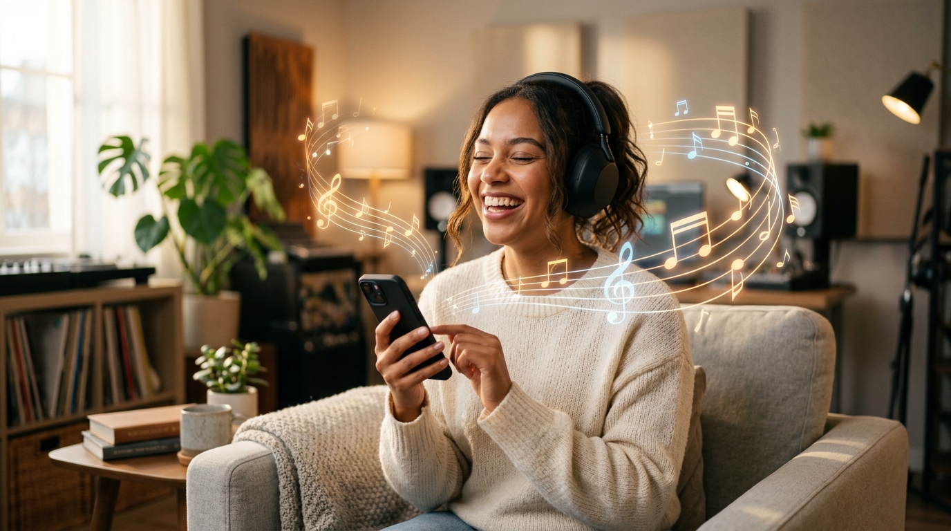 Person mit Kopfhörern hört glücklich einen personalisierten Song