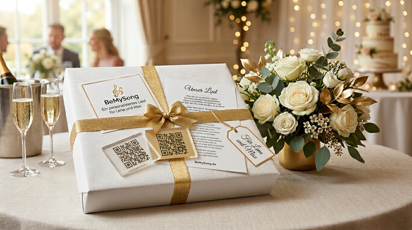 Elegantes Hochzeitsgeschenk in Weiß und Gold mit Brautblumen