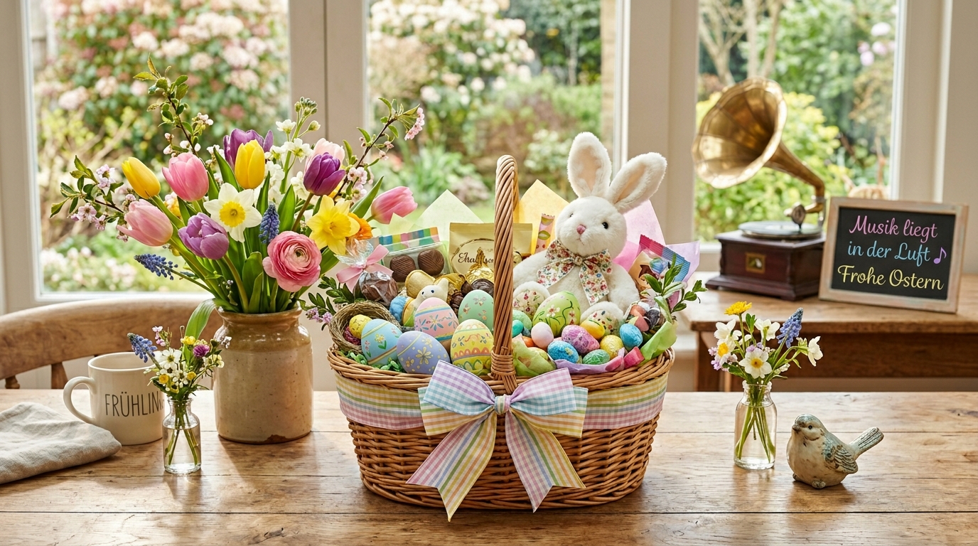 Bunter Osterkorb mit Frühlingsblumen auf einem Holztisch
