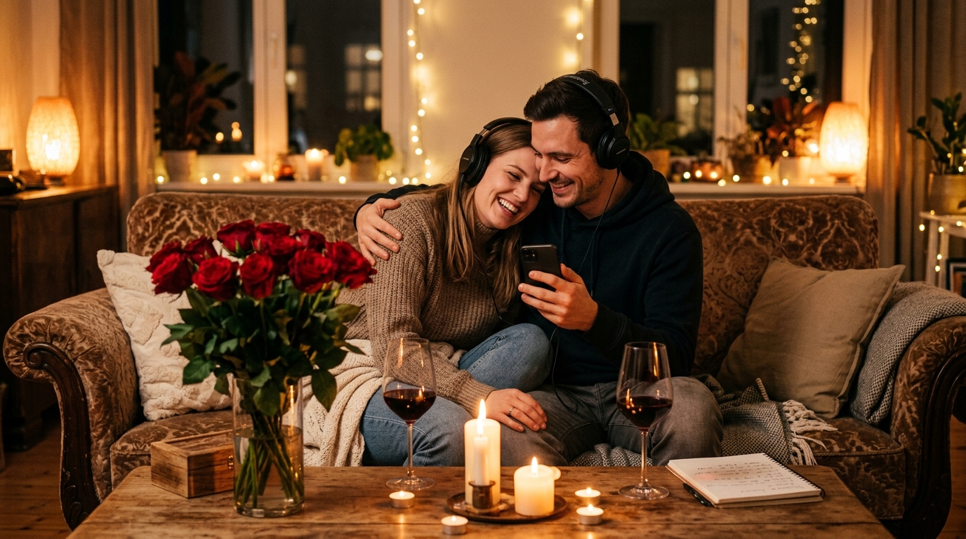 Paar bei Kerzenschein mit einem handgeschriebenen Liebesbrief und roten Rosen