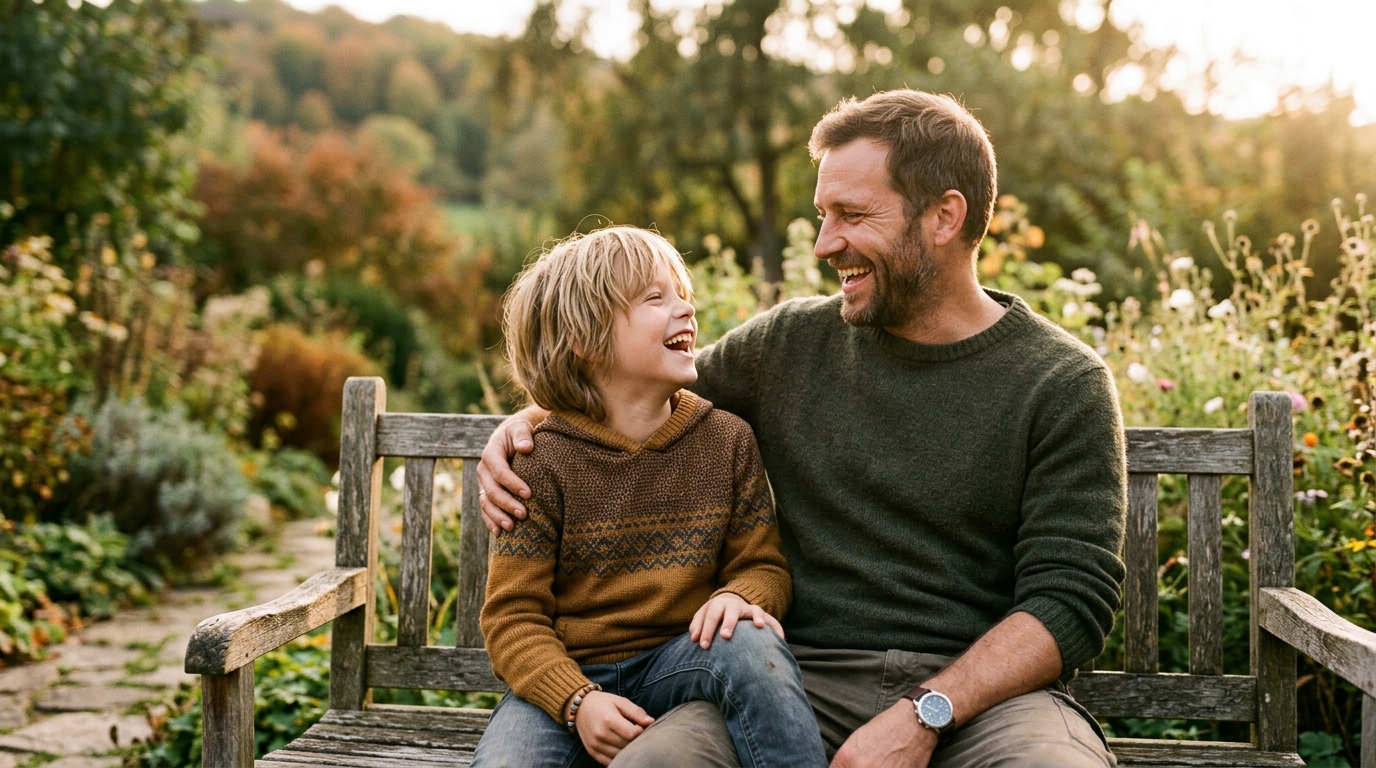 Vater und Kind im Sonnenlicht, warm und vertraut
